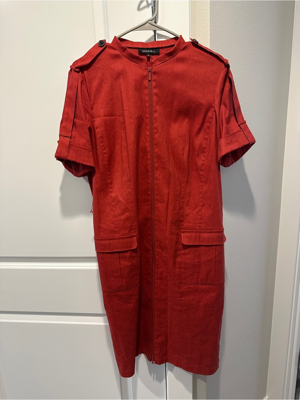 Lafayette 148 New York Brick Red Linen Blend Shirt Dress Belted Pockets 12